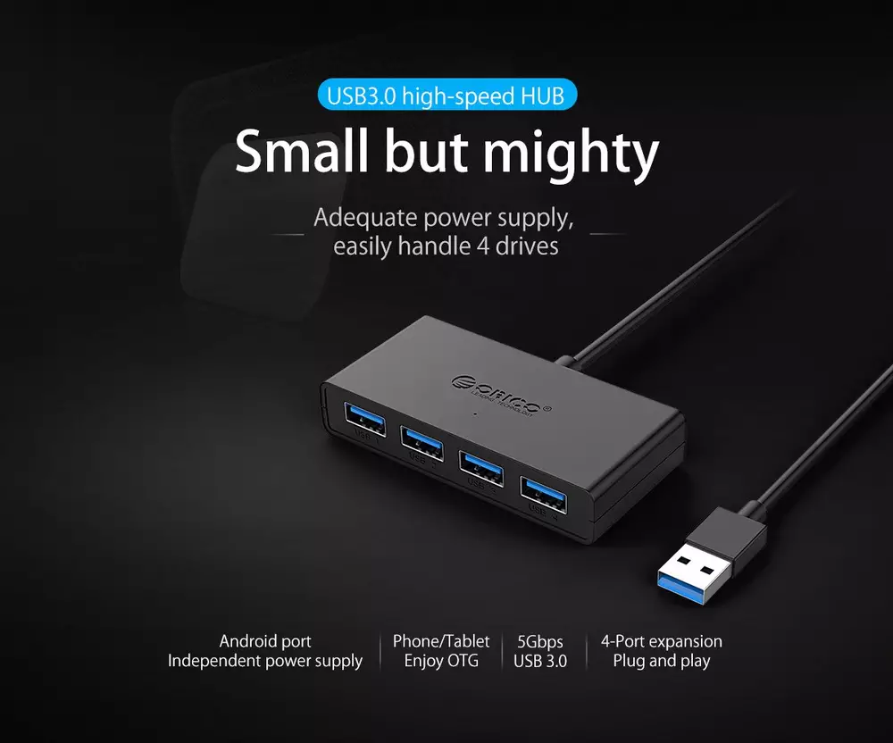 Orico хъб USB3.0 HUB 4 port, 1.0m, black - G11-H4-U3-10-BK