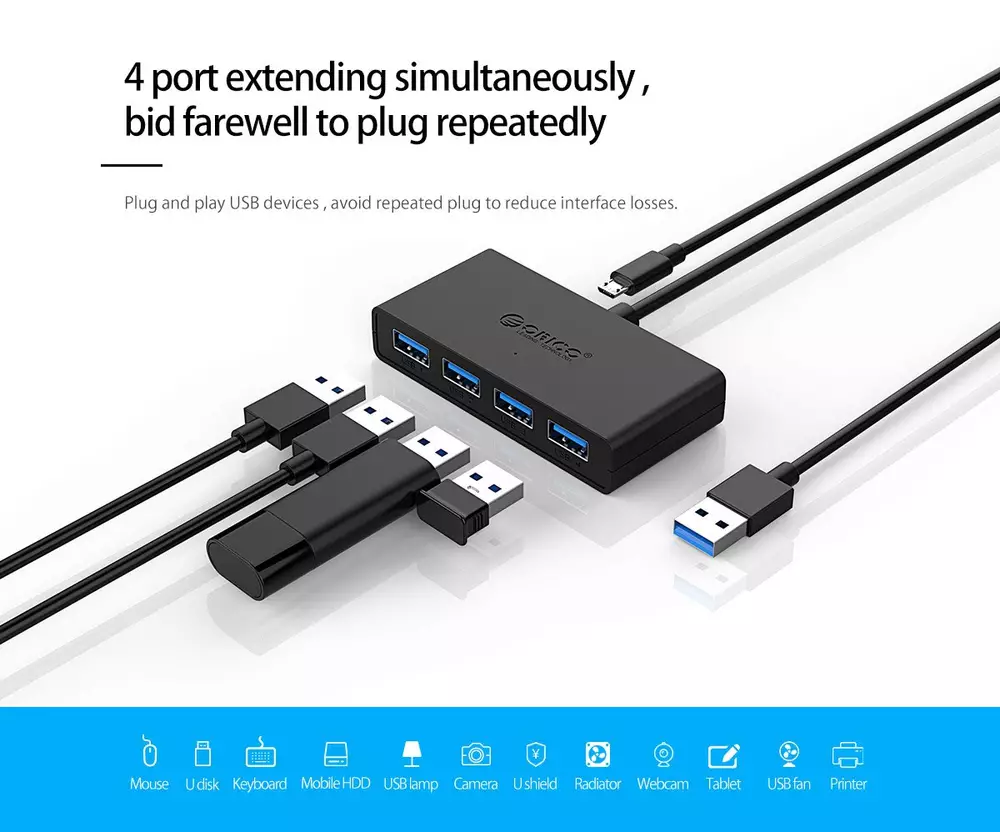 Orico хъб USB3.0 HUB 4 port, 1.0m, black - G11-H4-U3-10-BK