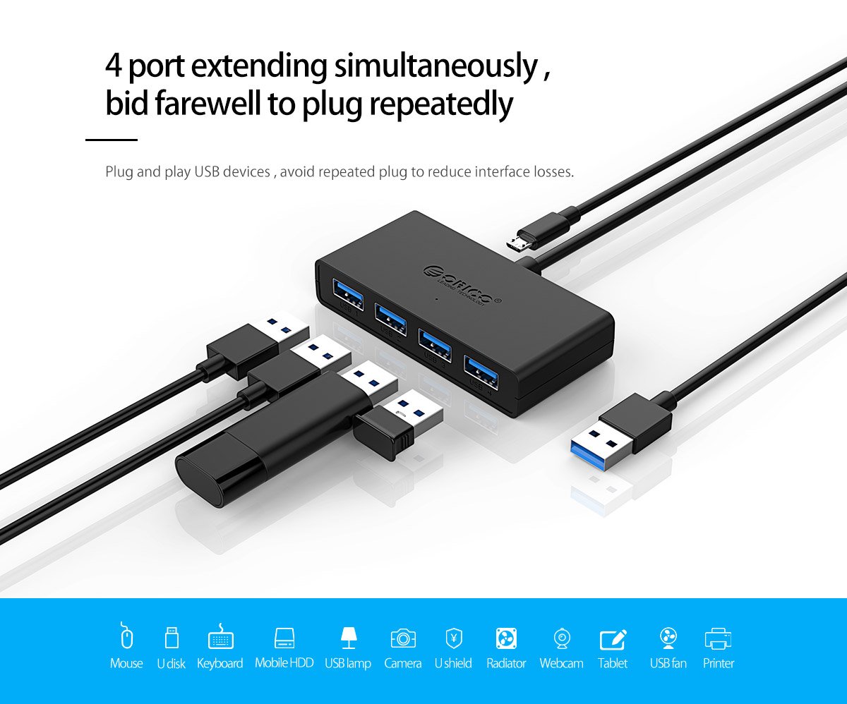 Orico хъб USB3.0 HUB 4 port, 1.0m,  black - G11-H4-U3-10-BK