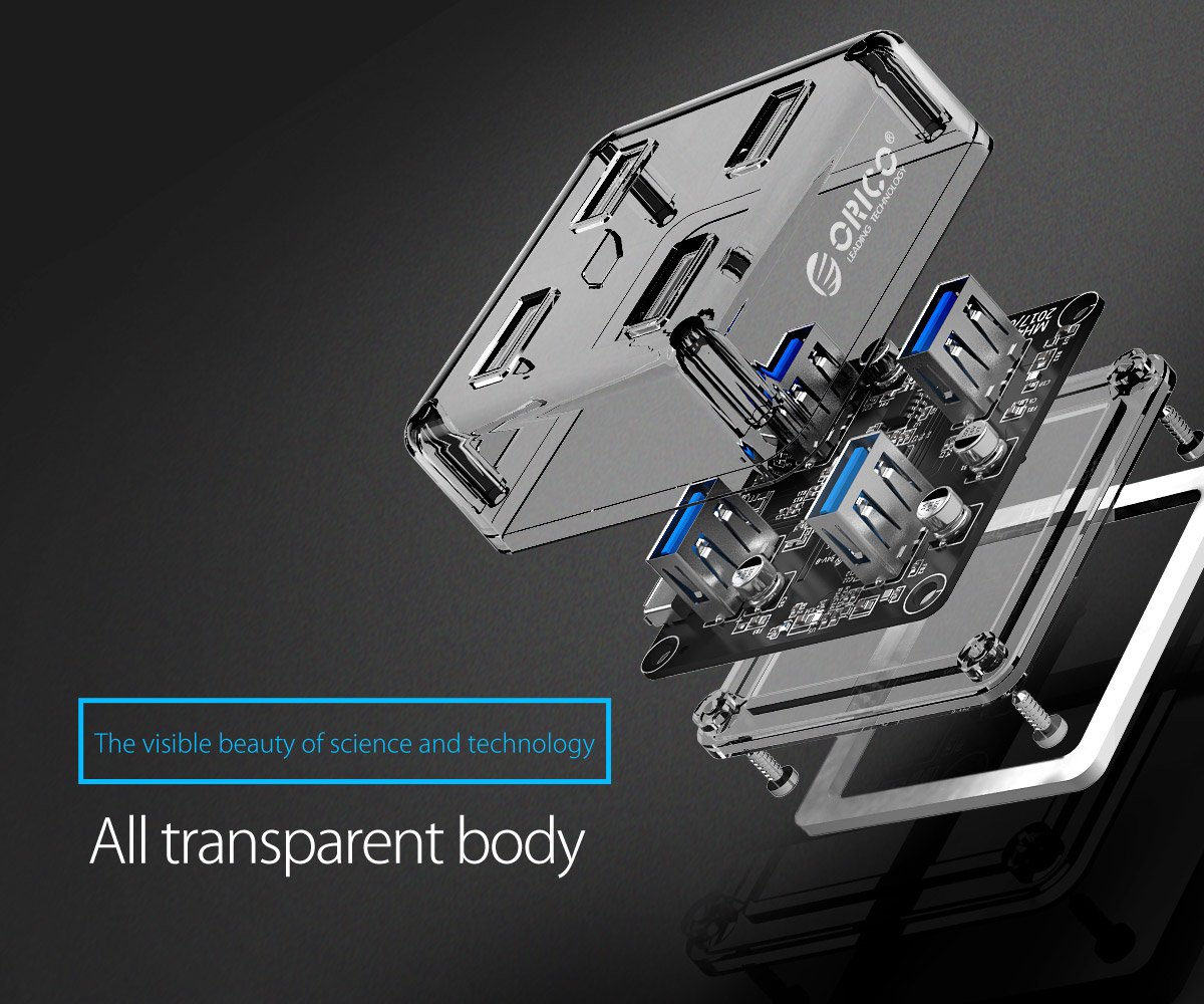 Orico хъб USB3.0 HUB 4 port transparent, 1m cable - MH4U-U3-03-CR