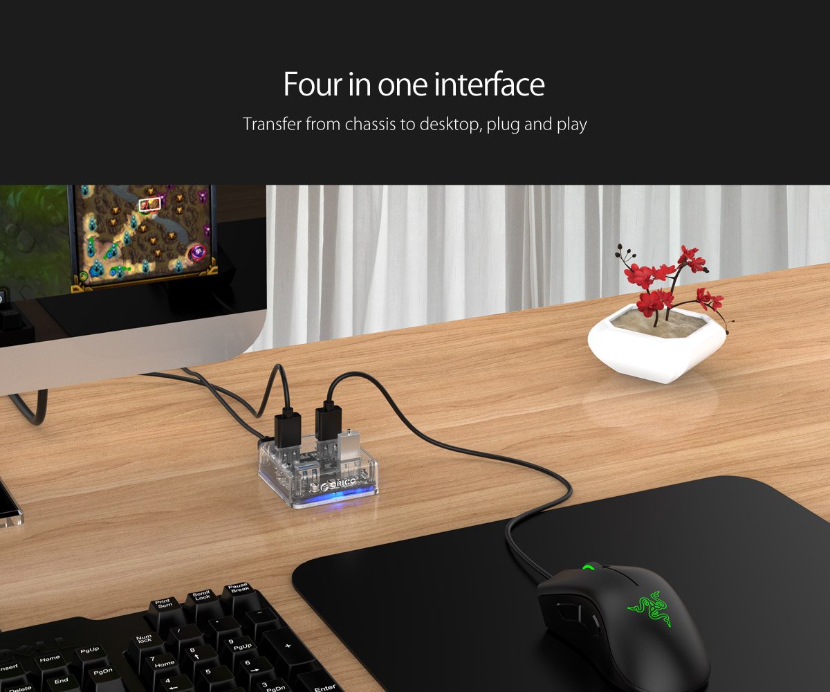 Orico хъб USB3.0 HUB 4 port transparent, 1m cable - MH4U-U3-03-CR