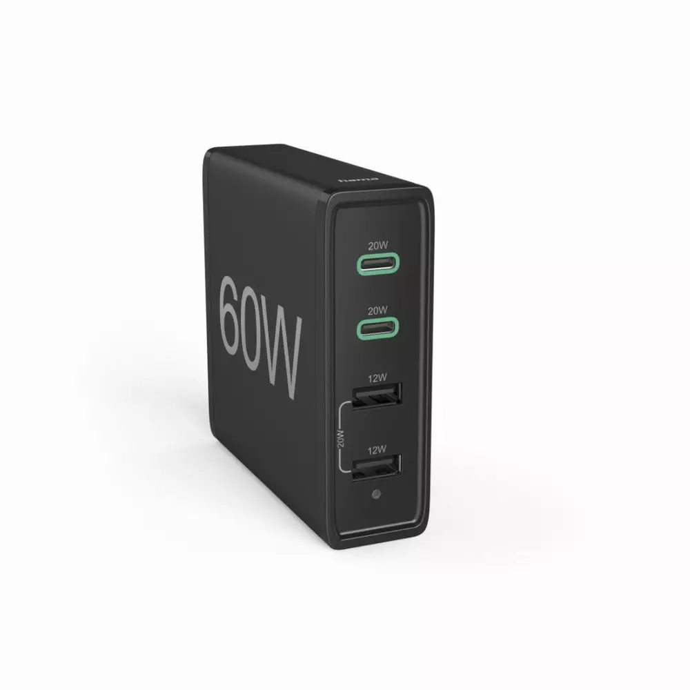 Мрежово зарядно HAMA, 60 Watt, PD, QC3.0, 2x USB-A, 2x USB-C, Черен