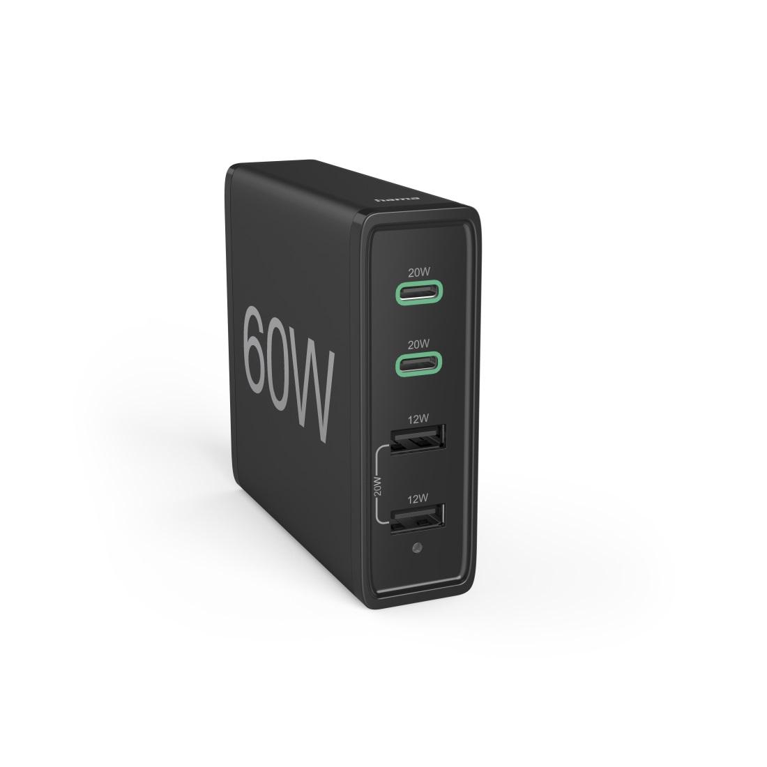 Мрежово зарядно HAMA, 60 Watt, PD, QC3.0, 2x USB-A, 2x USB-C, Черен