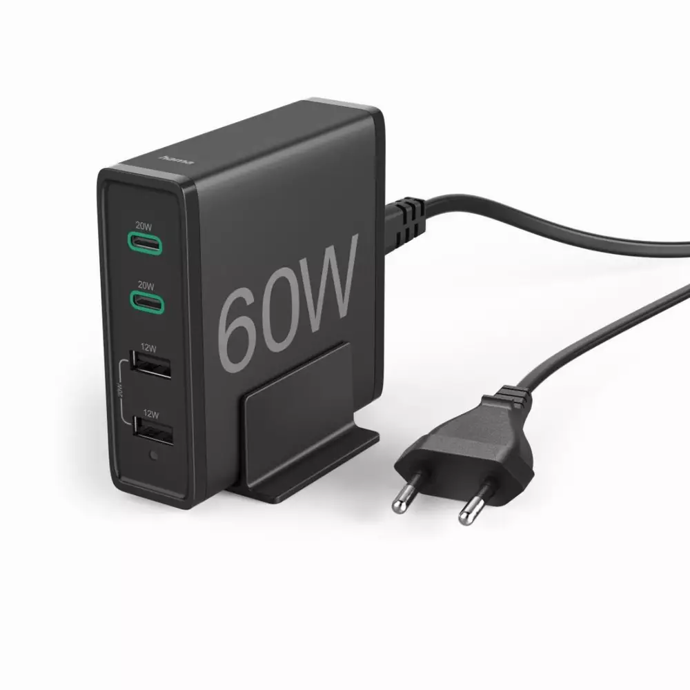 Мрежово зарядно HAMA, 60 Watt, PD, QC3.0, 2x USB-A, 2x USB-C, Черен