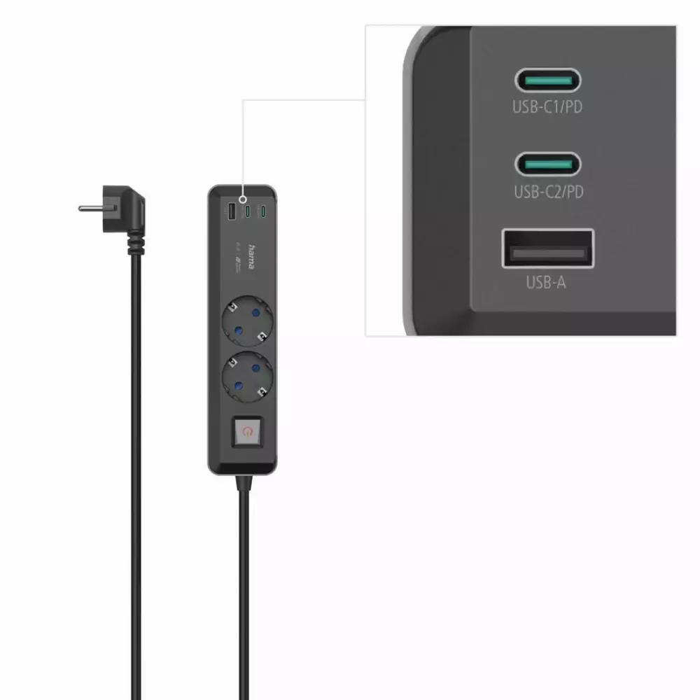 Разклонител Hama ,2-гнезда, USB-C/A 65 W, PD, ключ on/off , 1.4 m, черен/сив