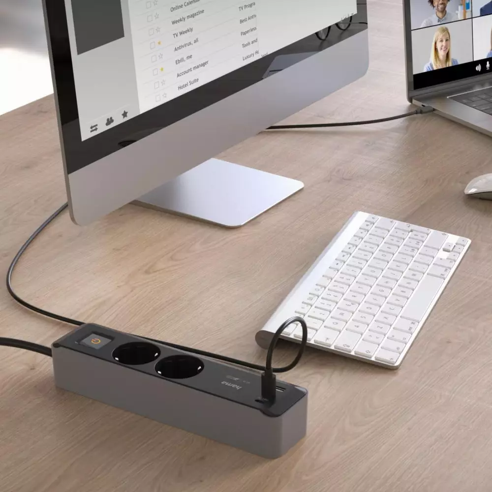 Разклонител Hama ,2-гнезда, USB-C/A 65 W, PD, ключ on/off , 1.4 m, черен/сив