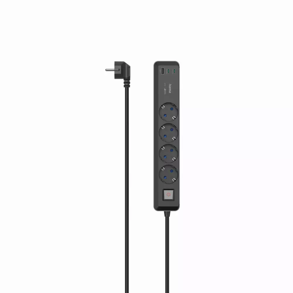 Разклонител Hama, 4-гнезда, USB-C/A 65 W, PD, ключ on/off, 1,4 м, черен/сив