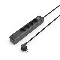 Разклонител Hama, 4-гнезда, USB-C/A 65 W, PD, ключ on/off, 1,4 м, черен/сив