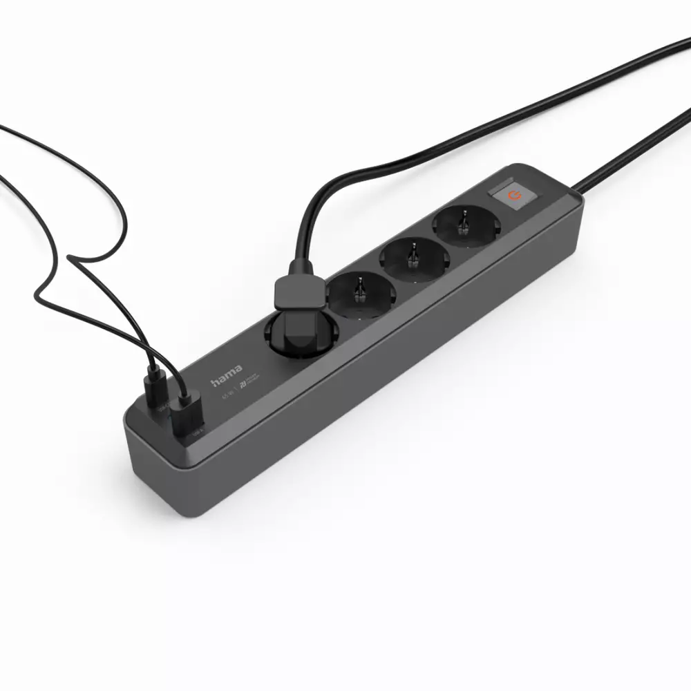 Разклонител Hama, 4-гнезда, USB-C/A 65 W, PD, ключ on/off, 1,4 м, черен/сив