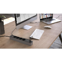 Разклонител Hama, 4-гнезда, USB-C/A 65 W, PD, ключ on/off, 1,4 м, черен/сив
