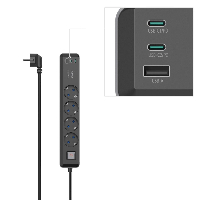Разклонител Hama, 4-гнезда, USB-C/A 65 W, PD, ключ on/off, 1,4 м, черен/сив