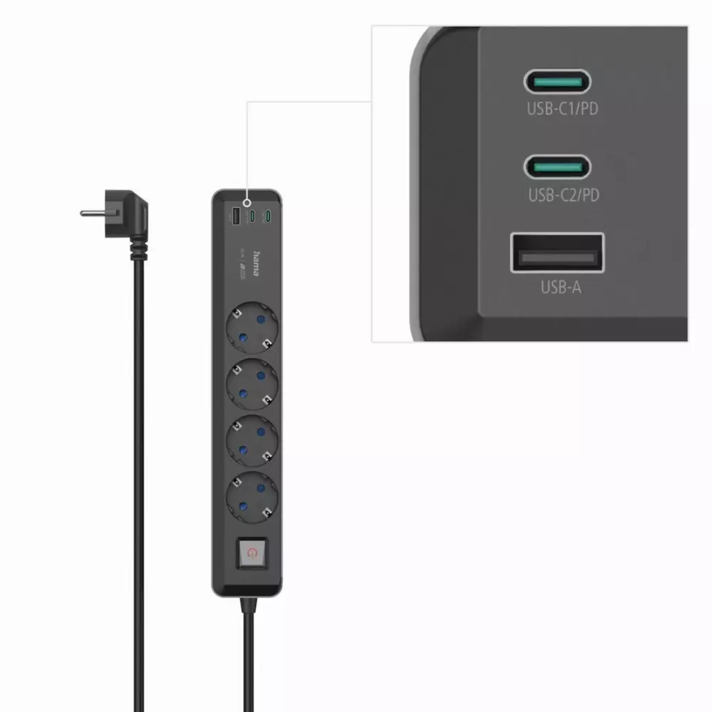 Разклонител Hama, 4-гнезда, USB-C/A 65 W, PD, ключ on/off, 1,4 м, черен/сив