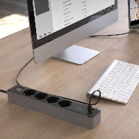 Разклонител Hama, 4-гнезда, USB-C/A 65 W, PD, ключ on/off, 1,4 м, черен/сив