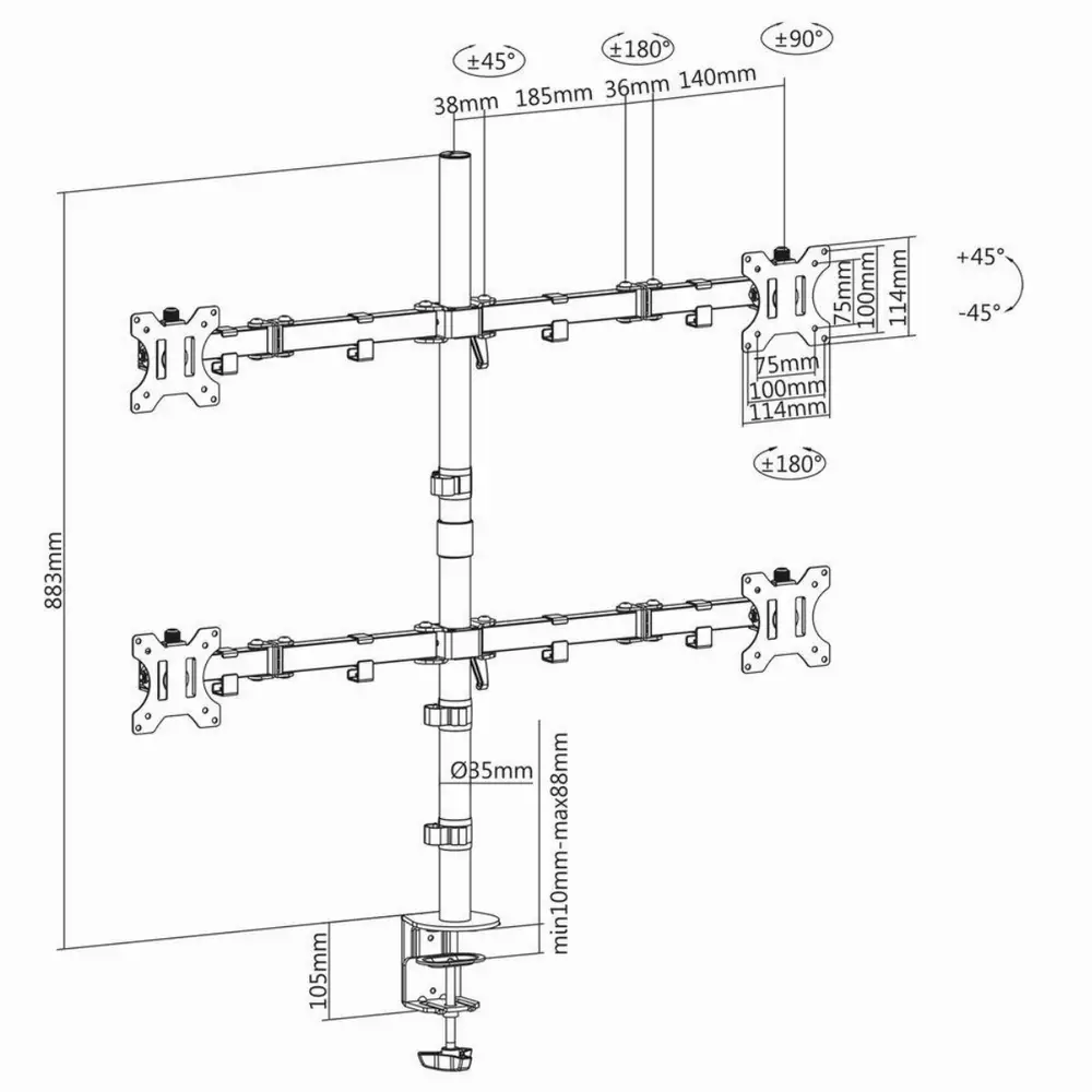 Стойка за 4 монитора Ewent ACT AC8304, За бюро, Регулируема, 32", 8 кг, Черна