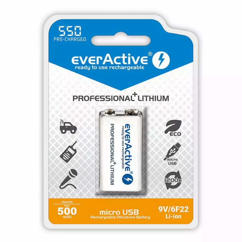 Batteria ricaricabile R22 9V LiIon 500mAh/550 precharged +micro Usb 1 pz. in confezione EVERACTIVE