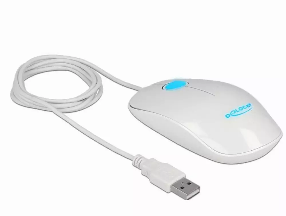 Оптична мишка DeLock 12537, USB-A, LED, Кабел 1.3 м, USB, 1200 dpi, 3 бутона, Бял
