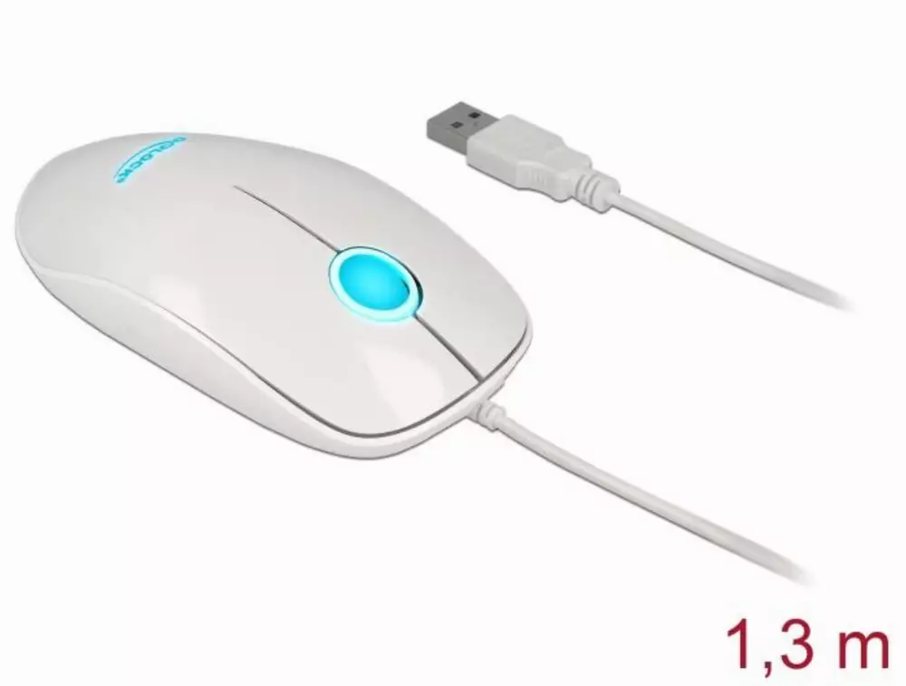 Оптична мишка DeLock 12537, USB-A, LED, Кабел 1.3 м, USB, 1200 dpi, 3 бутона, Бял