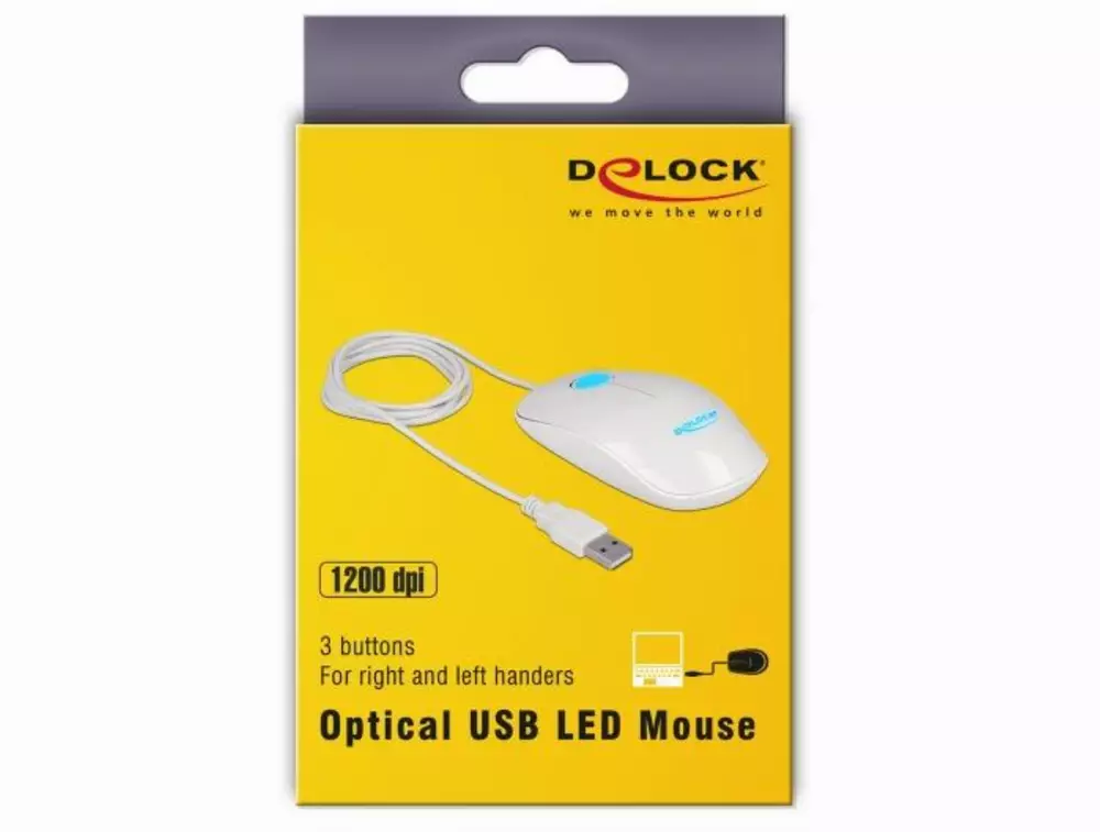 Оптична мишка DeLock 12537, USB-A, LED, Кабел 1.3 м, USB, 1200 dpi, 3 бутона, Бял