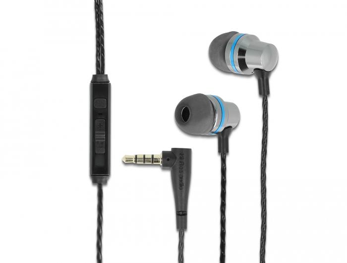 Слушалки DeLock 27183, In-Ear, 4 pin 3.5 mm Stereo jack, Микрофон, Управление на звука, Черен/Сив