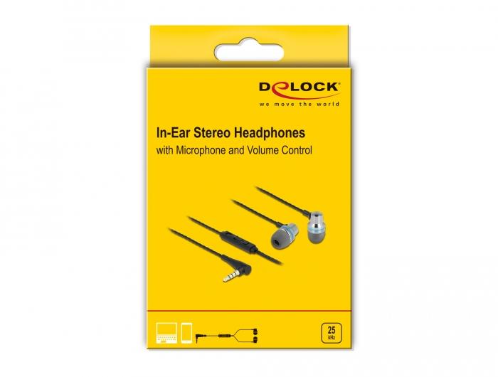 Слушалки DeLock 27183, In-Ear, 4 pin 3.5 mm Stereo jack, Микрофон, Управление на звука, Черен/Сив