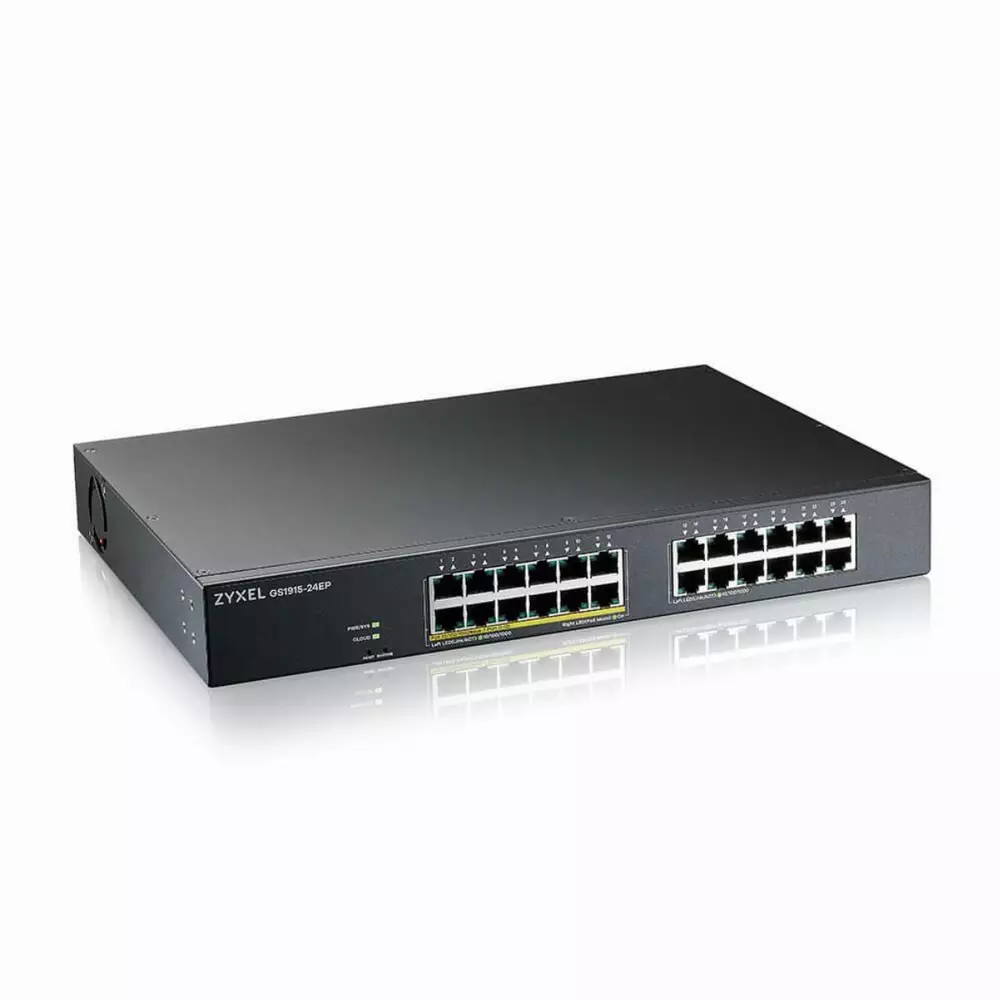 Суич 24-портов ZyXEL GS1915-24EP, Gigabit, управляем, standalone или Nebula управление, монтаж в шкаф, PoE