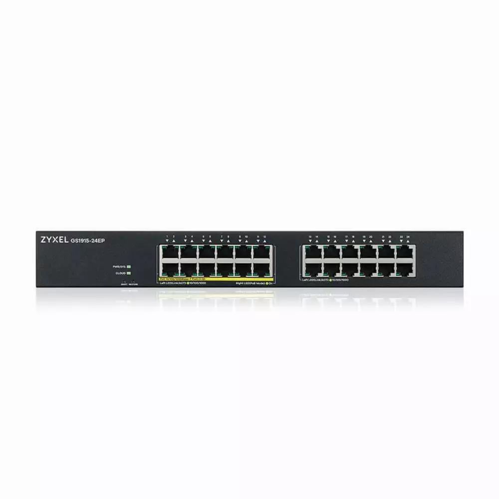 Суич 24-портов ZyXEL GS1915-24EP, Gigabit, управляем, standalone или Nebula управление, монтаж в шкаф, PoE