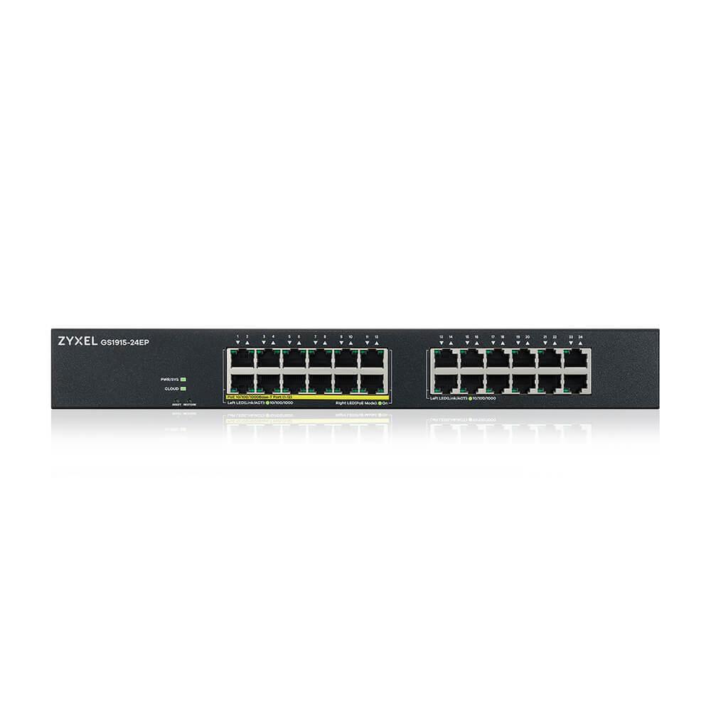 Суич 24-портов ZyXEL GS1915-24EP, Gigabit, управляем, standalone или Nebula управление, монтаж в шкаф, PoE