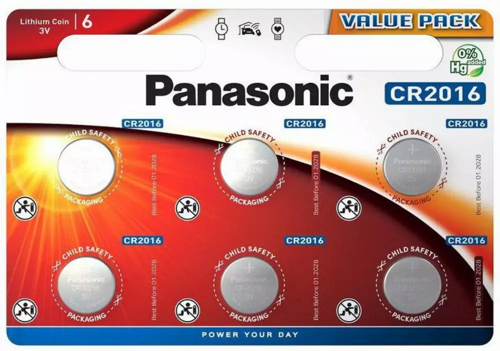 Бутонна батерия литиева PANASONIC CR2016, 3V, 6 бр. в блистер /цена за 6 бр./