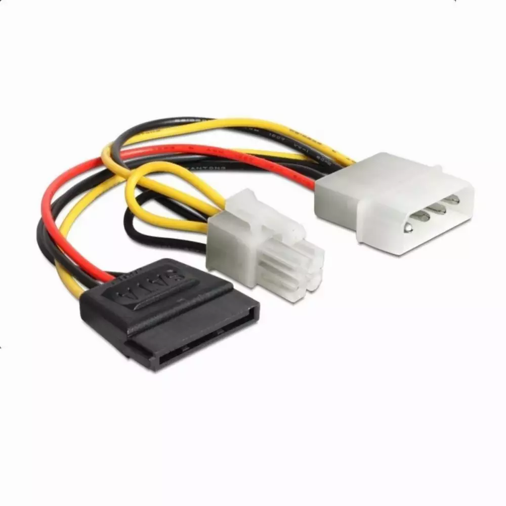 DeLock Power Molex 4 Pin männlich zu SATA 15 Pin weiblich + P4 männlich, 15 cm