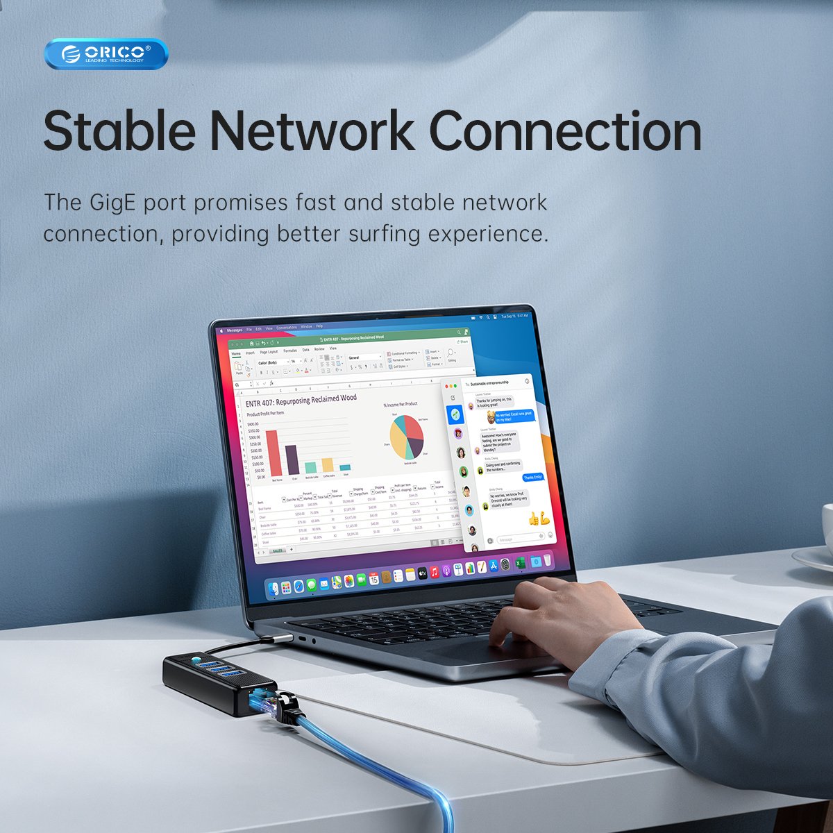 Orico хъб HUB USB3.1 3 port + LAN 1000M - PW3UR-C3-015-BK