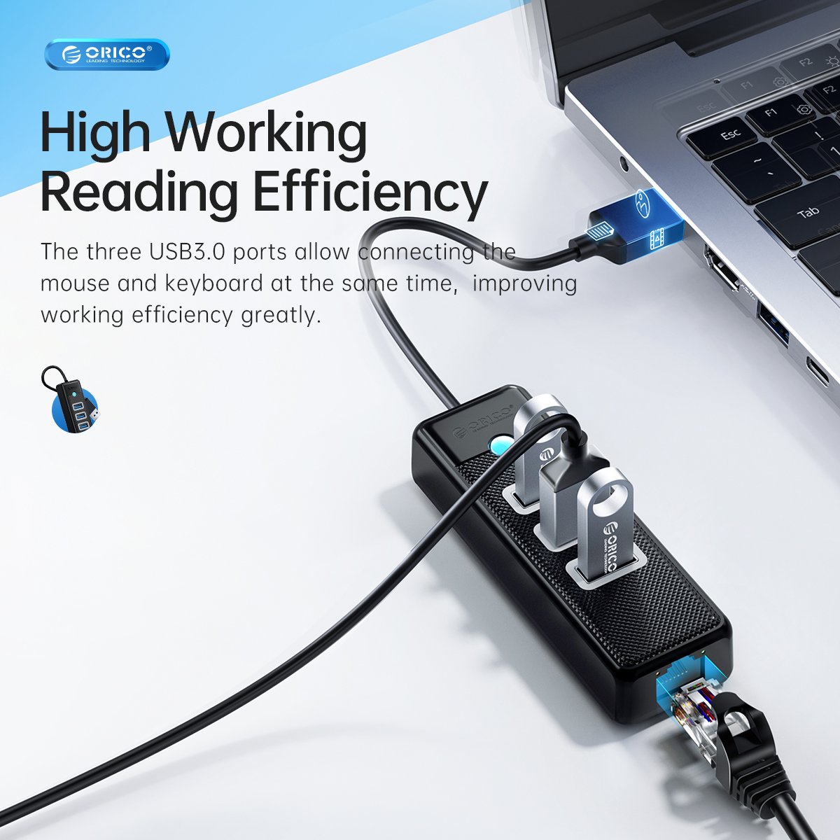 Orico хъб HUB USB3.1 3 port + LAN 1000M - PW3UR-C3-015-BK