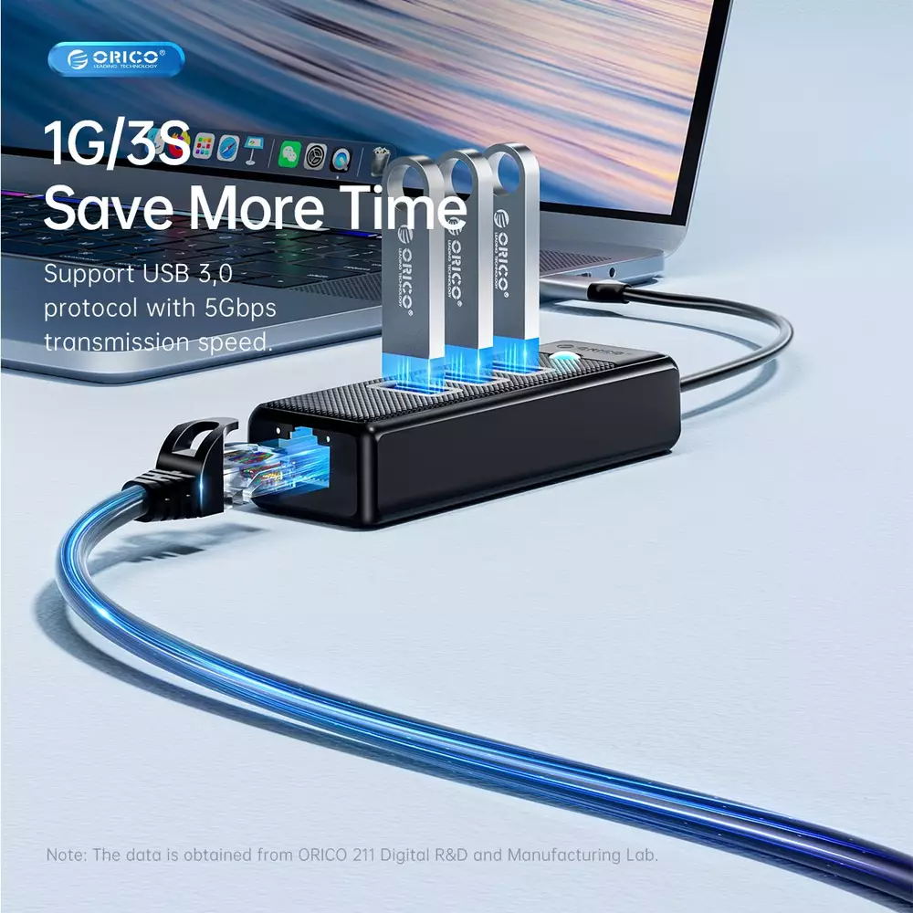 Orico хъб HUB USB3.1 3 port + LAN 1000M - PW3UR-C3-015-BK