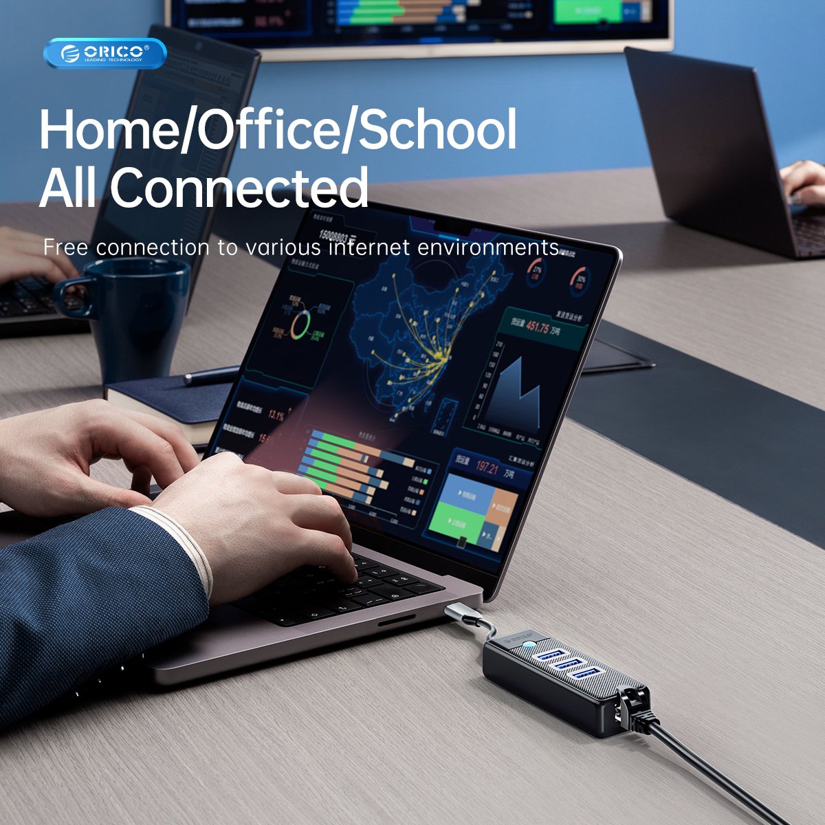 Orico хъб HUB USB3.1 3 port + LAN 1000M - PW3UR-C3-015-BK