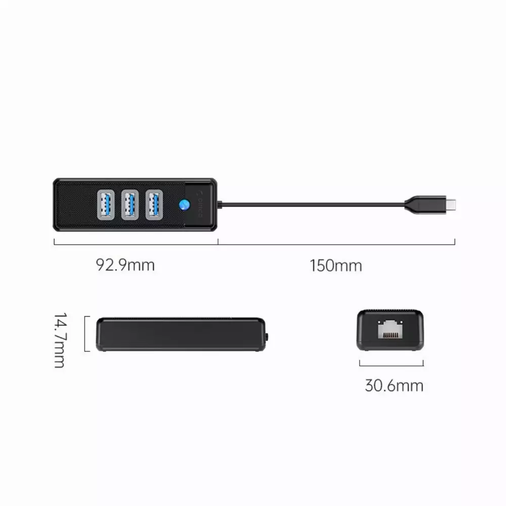 Orico хъб HUB USB3.1 3 port + LAN 1000M - PW3UR-C3-015-BK