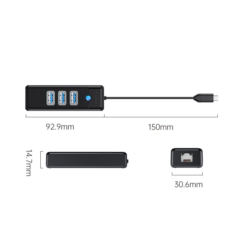Orico хъб HUB USB3.1 3 port + LAN 1000M - PW3UR-C3-015-BK