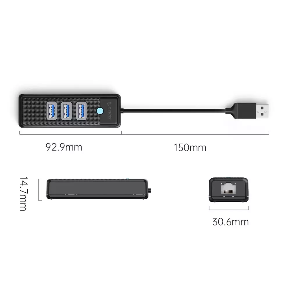 Orico хъб HUB USB3.0 3 port + LAN 1000M - PW3UR-U3-015-BK