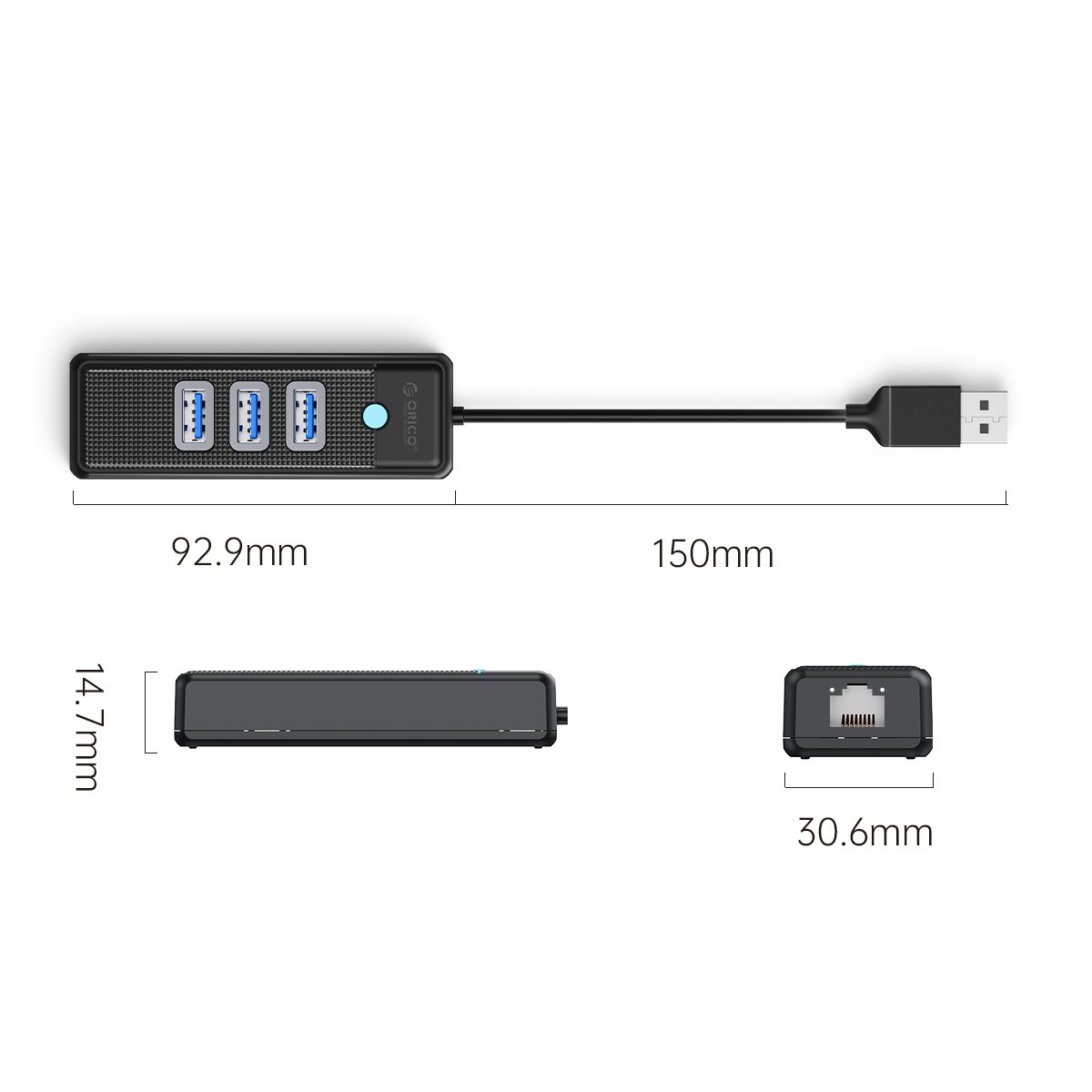 Orico хъб HUB USB3.0 3 port + LAN 1000M - PW3UR-U3-015-BK
