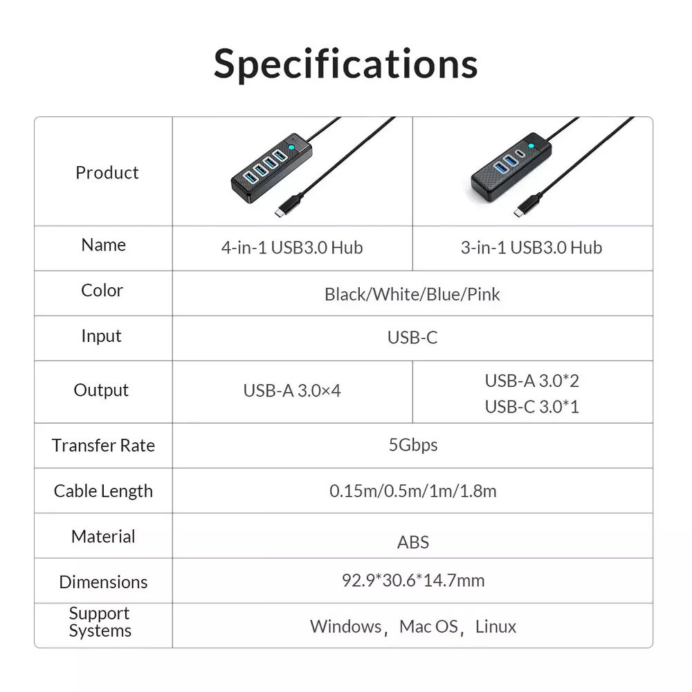 Orico κόμβος HUB USB3.1 3 θύρες - 2 x USB3.0, 1 x Type C, Μαύρος - PWC2U-C3-015-BK