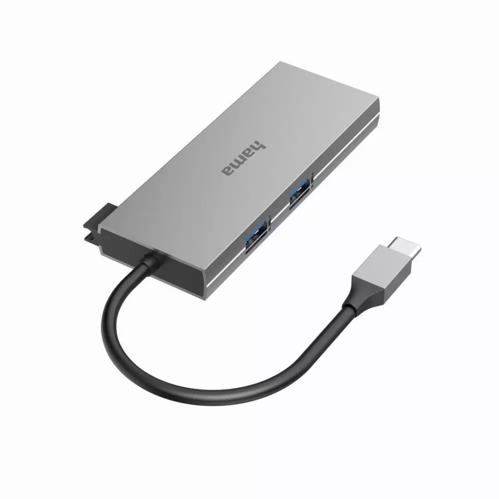 6-портов хъб USB-C HAMA Multiport, 2 x USB-A, USB-C, HDMI, SD, microSD, Сив