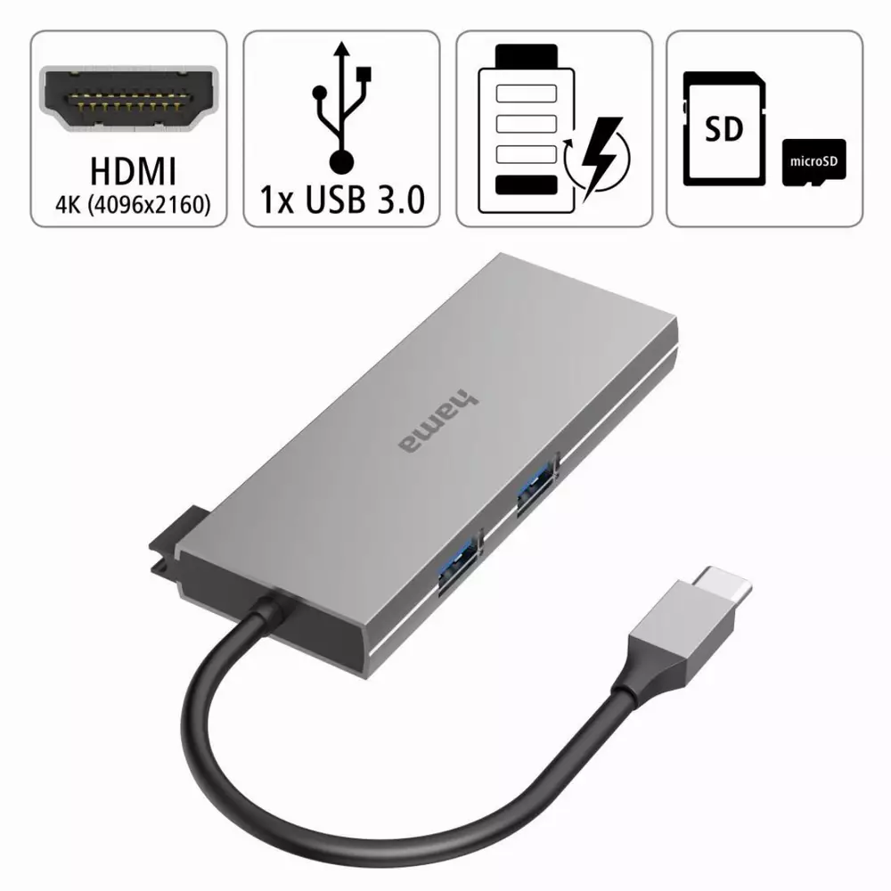 6-портов хъб USB-C HAMA Multiport, 2 x USB-A, USB-C, HDMI, SD, microSD, Сив