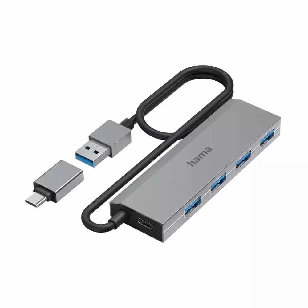 HAMA 4-портов хъб, USB 3.2 Gen 1, 5 Gbit/s, вкл. USB-C адаптер, авт. захранване