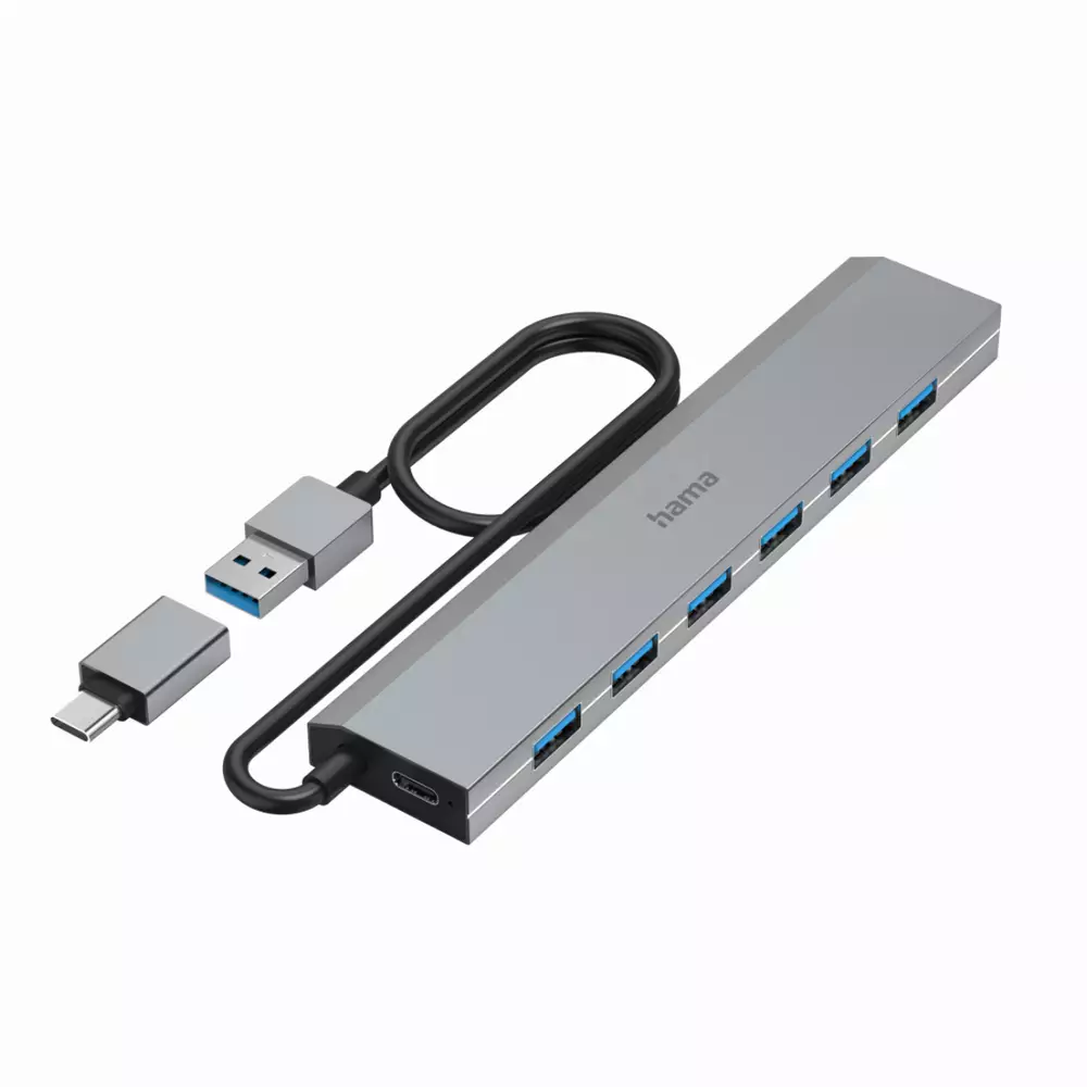 HAMA 7-портов хъб, USB 3.2 Gen 1, 5 Gbit/s, вкл. USB-C адаптер, авт.захранване