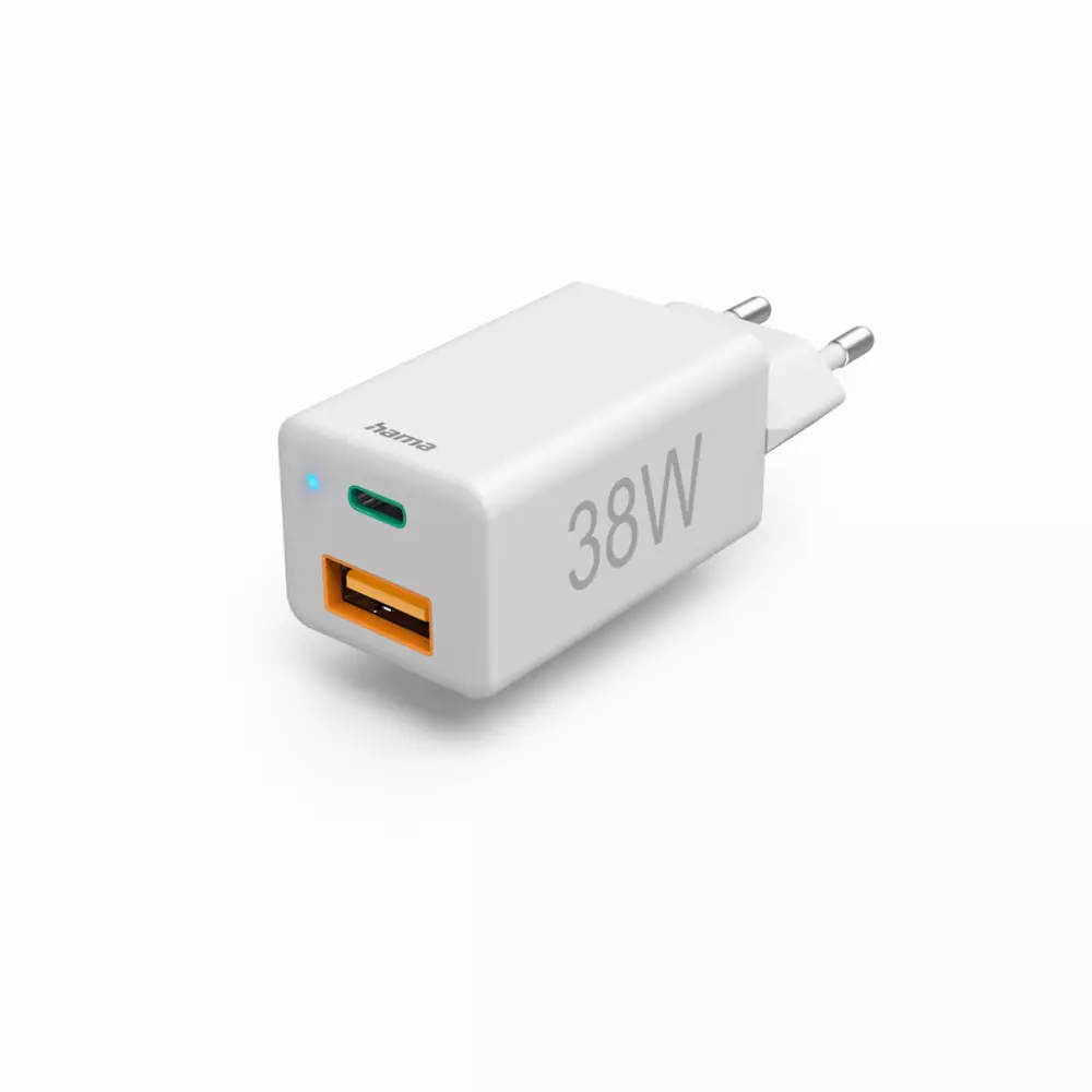 HAMA Бързо мини зарядно 220V, 38W, 1x USB-C PD, 1x USB-A QC,бяло