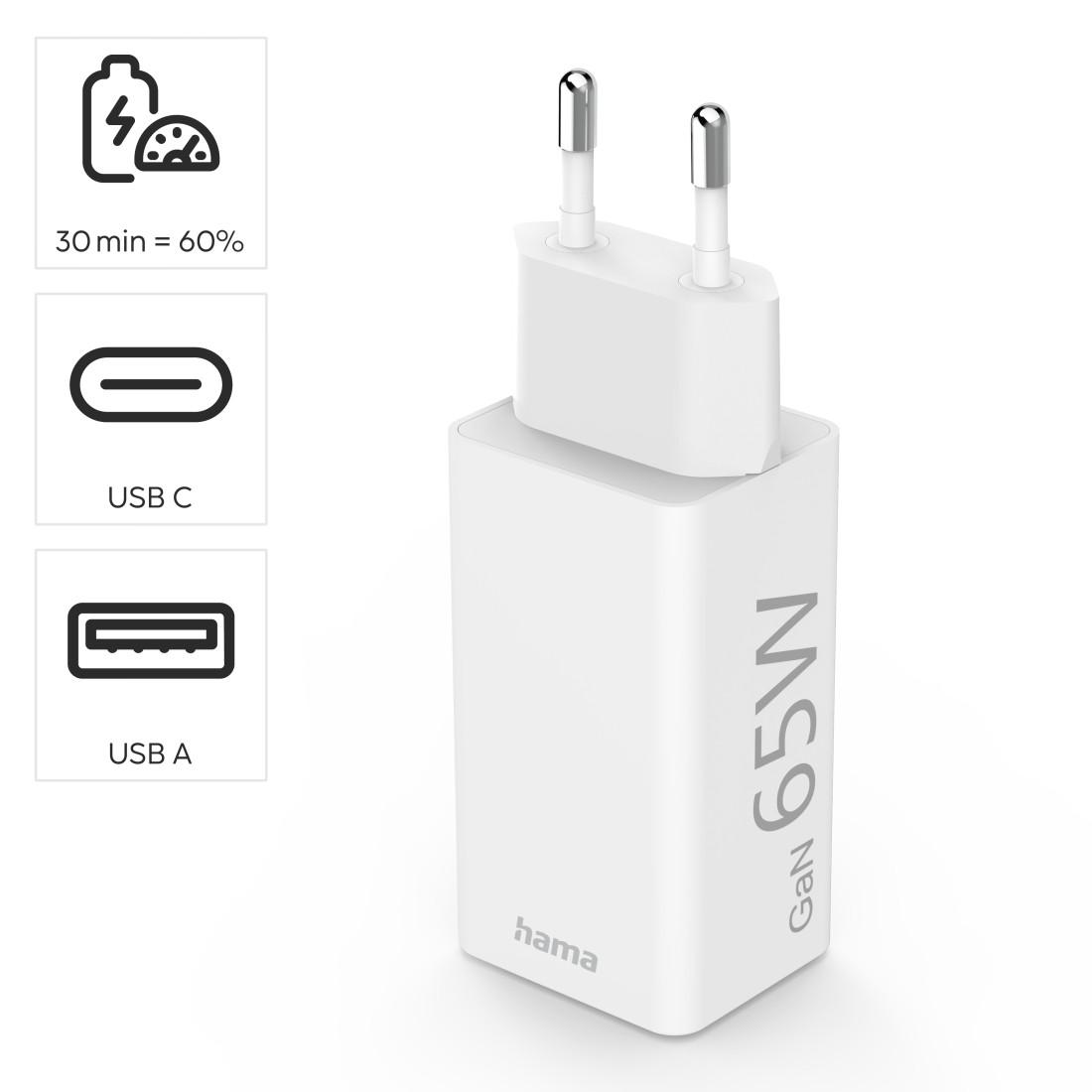 HAMA Бързо мини Gan зарядно 220V, 65W,1x USB-C PD, 1x USB-A QC, бял