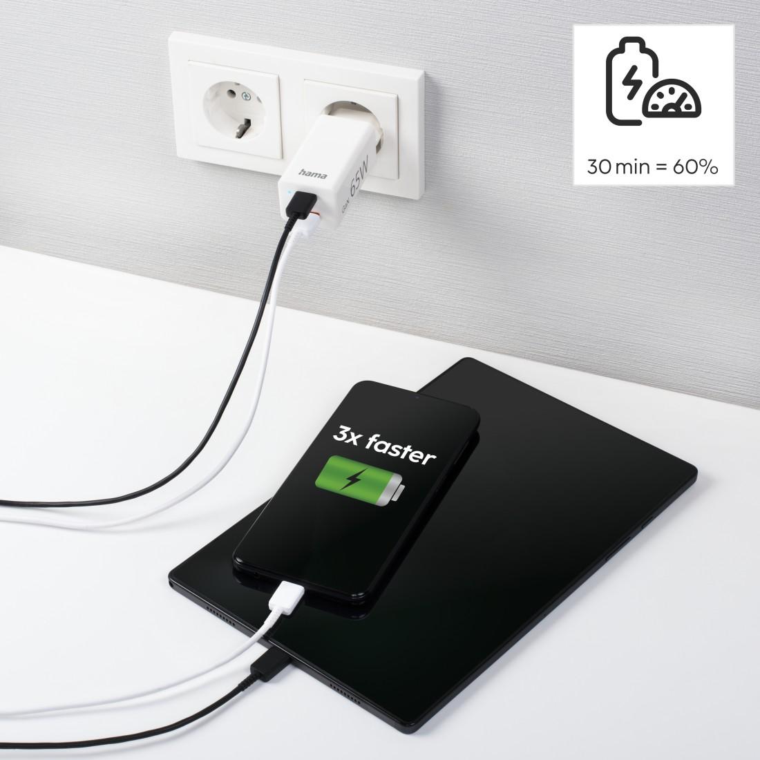 HAMA Бързо мини Gan зарядно 220V, 65W,1x USB-C PD, 1x USB-A QC, бял