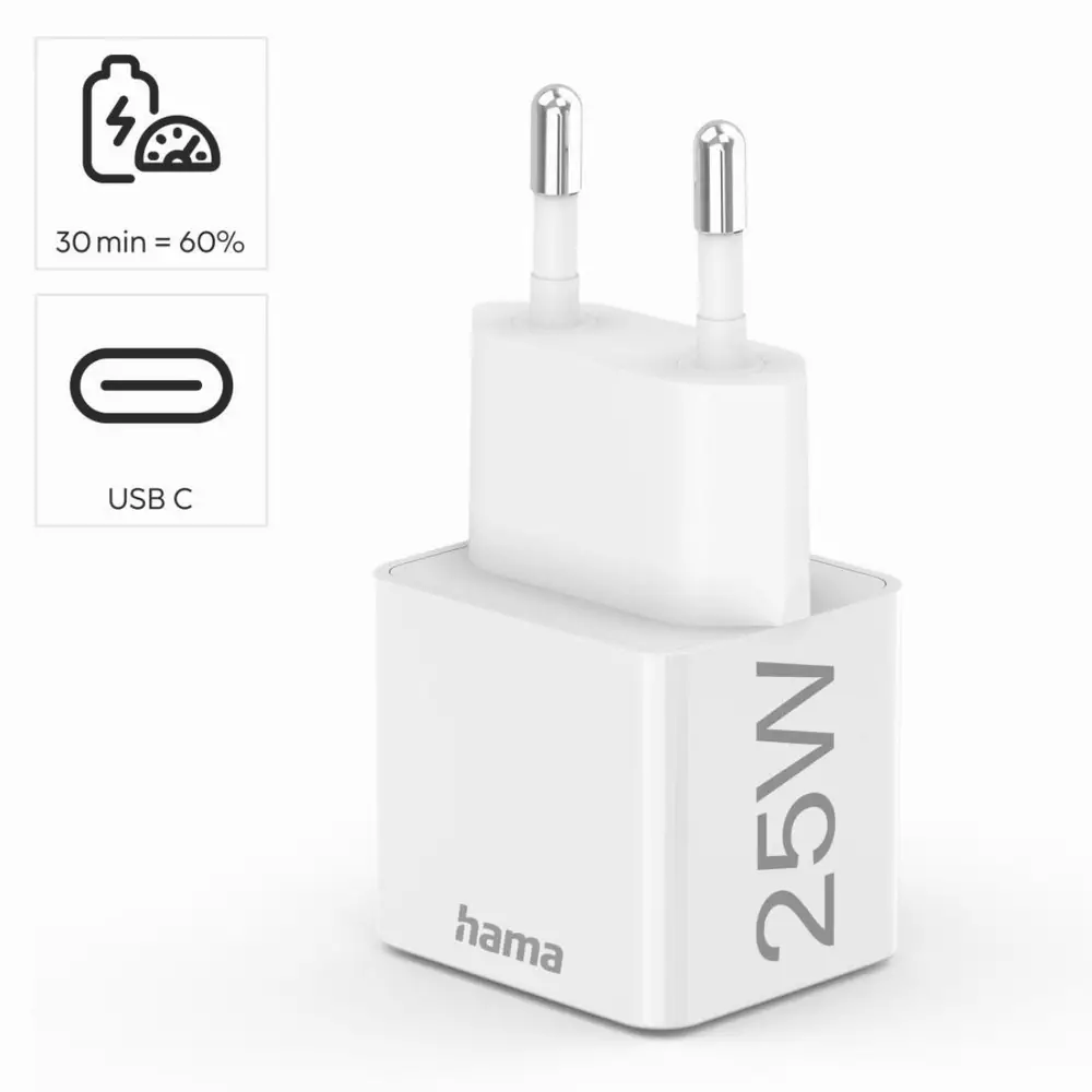 HAMA Бързо мини зарядно 220V, USB-C, PD/Qualcomm, 25W, бял