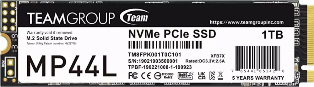 Диск SSD Team Group MP44L 1TB M.2 2280 NVMe PCI-e 4.0 x4 - TM8FPK001T0C101