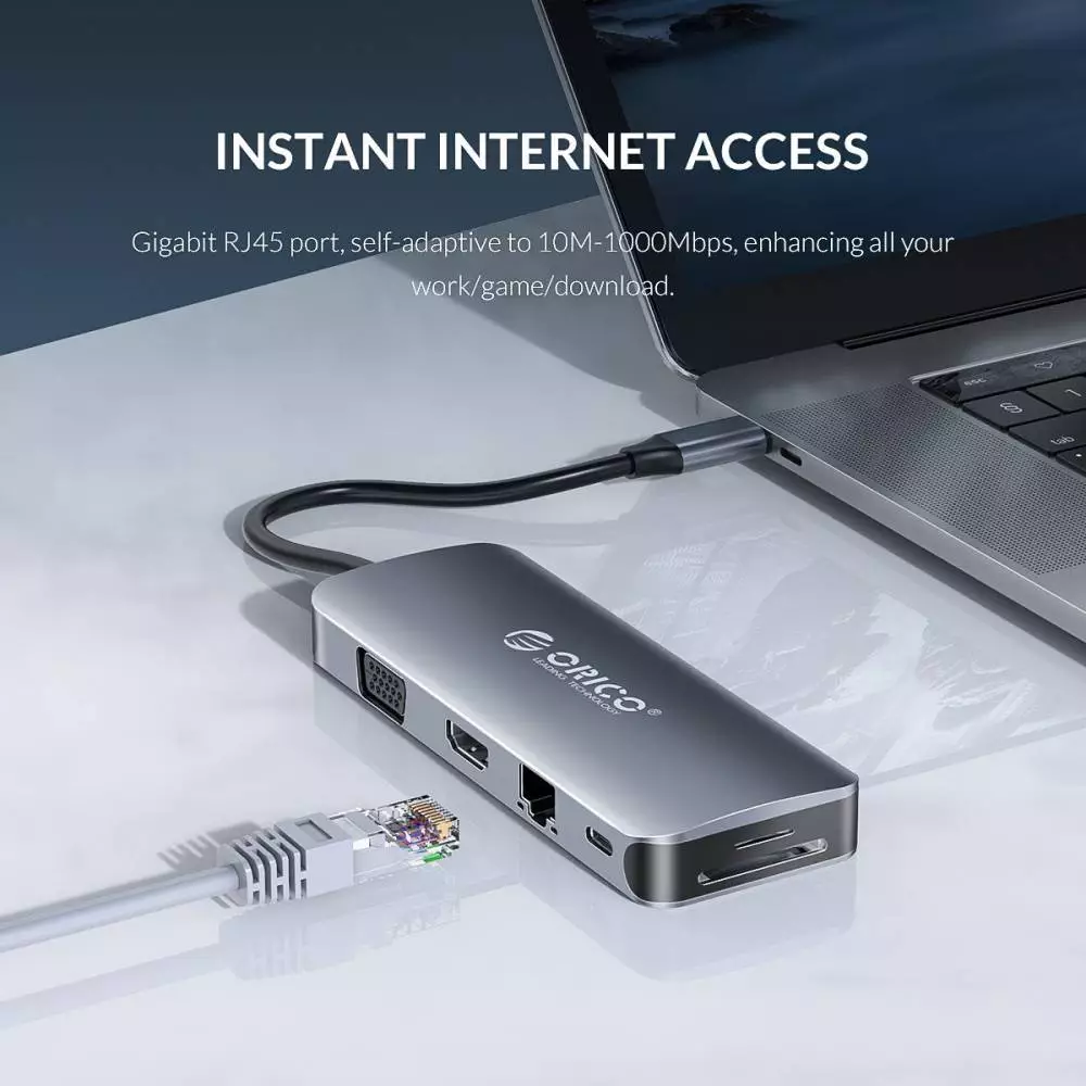 Orico докинг станция Docking Station Type-C Power Distribution 3.0 100W - LAN, HDMI, VGA, Type-C x 1, USB3.0 x 4, TF/SD, Audio - MC-U111P-V1-GY