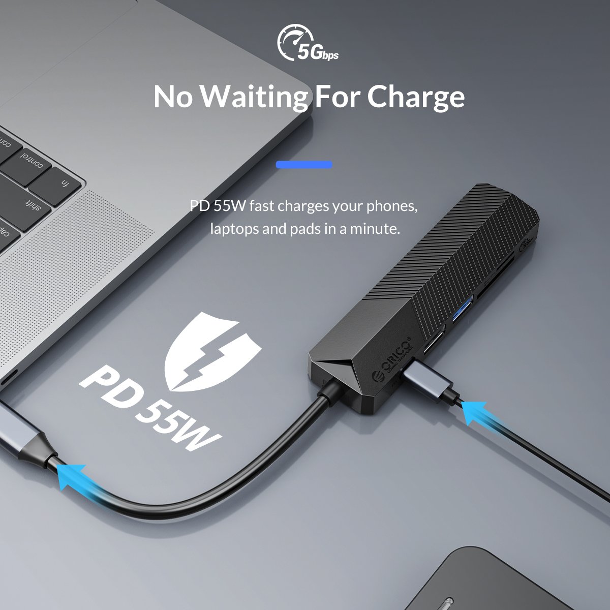 Orico докинг станция Docking Station Type-C 5-in-1 Power Distribution 55W - MDK-5P Black - Card Reader, HDMI, Type-C x 1, USB3.0 x1, USB2.0 x1