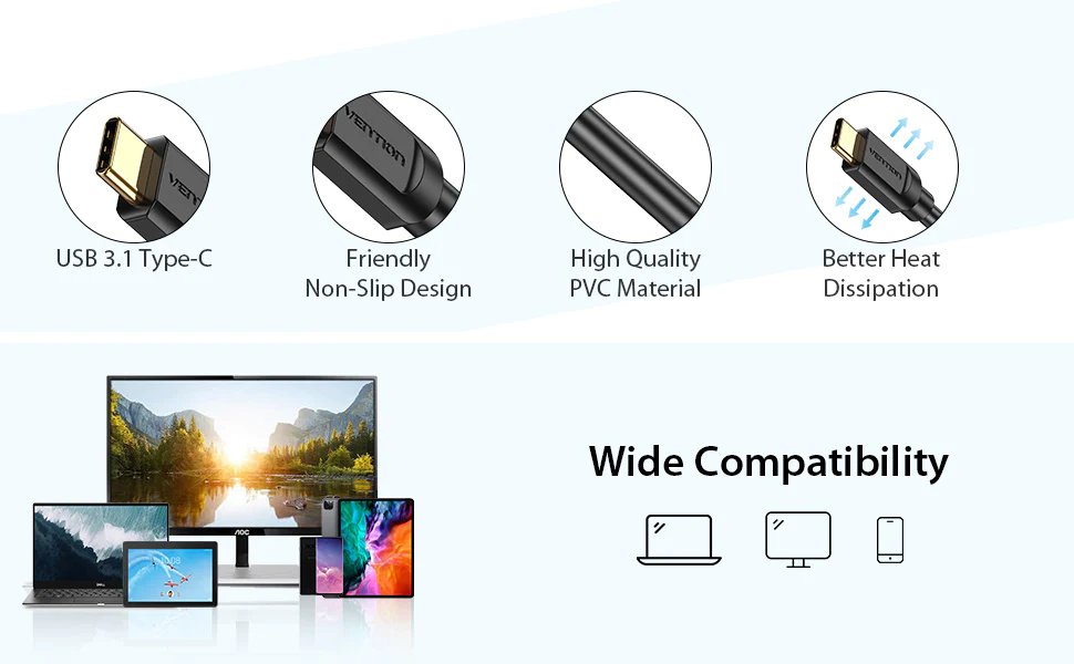 Câble Vention Cable Type-C to HDMI - 2.0m 4K Noir - CGUBH